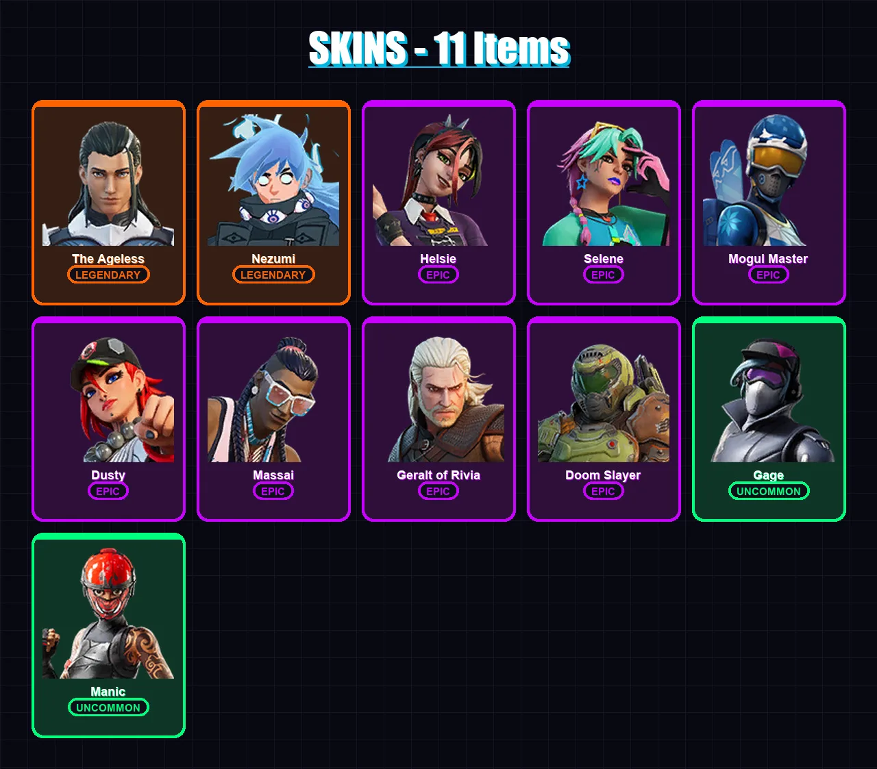 [PC/XBOX/PSN] | The Ageless | Nezumi | Helsie | Selene | Mogul Master | 11 skin | 13 pickaxe | 13 emote | 11 glider | Lv118