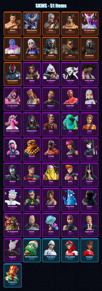 [SWITCH/XBOX/PSN/PC] | Menace | Spire Assassin | Ronin | Raz | The Cube Queen | 51 skin | 57 pickaxe | 41 emote | 61 glider | Lv796