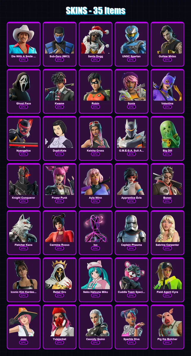 [PC/PSN] | Die With A Smile Bruno | Sub-Zero (MK3) | Santa Dogg | UNSC Spartan | Outlaw Midas | 35 skin | 75 pickaxe | 40 emote | 47 glider | Lv553