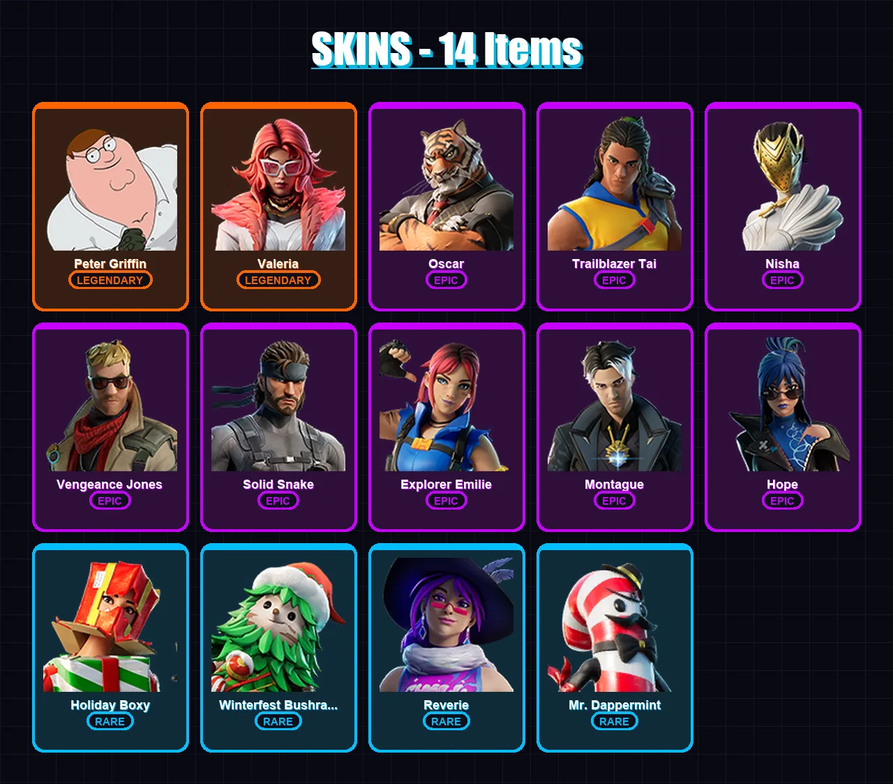 [SWITCH/XBOX/PSN/PC] | Peter Griffin | Valeria | Oscar | Trailblazer Tai | Nisha | 14 skin | 13 pickaxe | 15 emote | 11 glider | Lv142