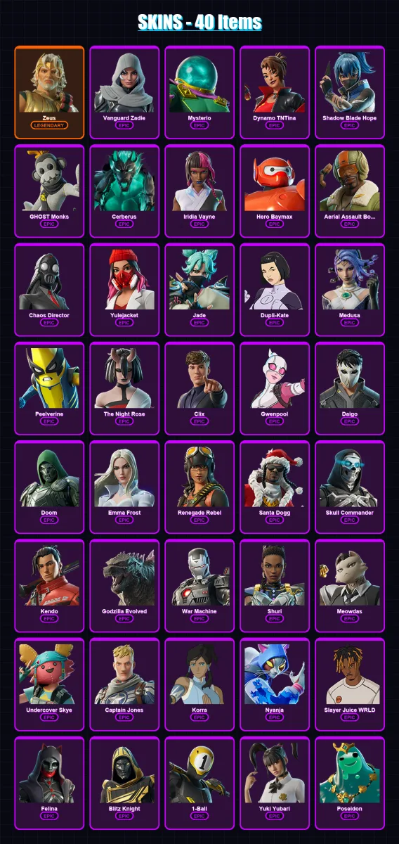 [PC/XBOX/PSN] | Zeus | Vanguard Zadie | Mysterio | Dynamo TNTina | Shadow Blade Hope | 40 skin | 109 pickaxe | 62 emote | 74 glider | Lv1907
