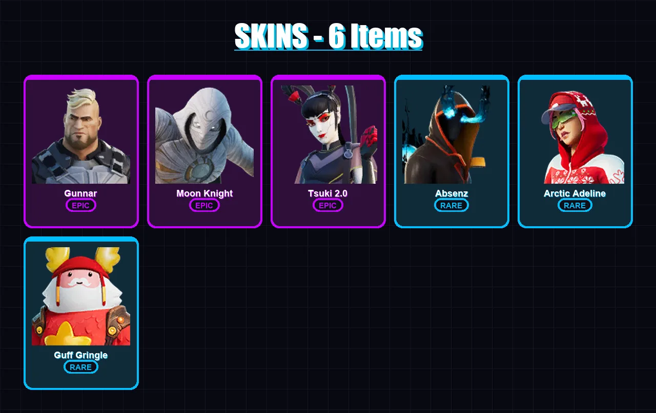 [PC/XBOX/PSN] | Gunnar | Moon Knight | Tsuki 2.0 | Absenz | Arctic Adeline | 6 skin | 10 pickaxe | 13 emote | 18 glider | Lv191