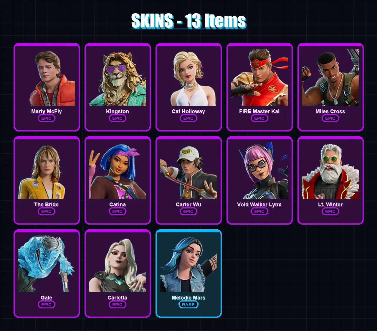 [PC/PSN] | Marty McFly | Kingston | Cat Holloway | FIRE Master Kai | Miles Cross | 13 skin | 18 pickaxe | 17 emote | 12 glider | Lv89