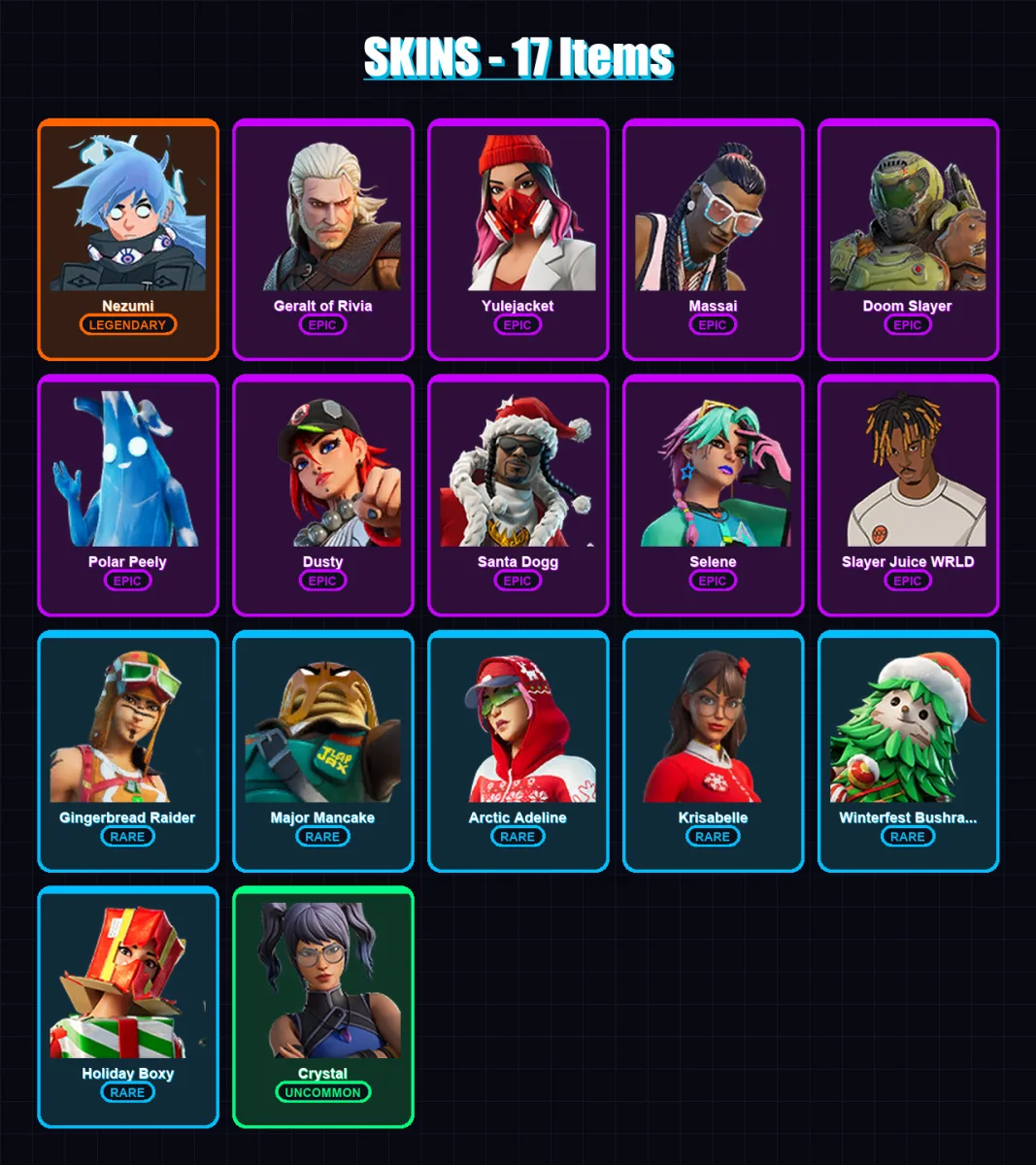 [PC/XBOX/PSN] | Nezumi | Geralt of Rivia | Yulejacket | Massai | Doom Slayer | 17 skin | 41 pickaxe | 29 emote | 36 glider | Lv474
