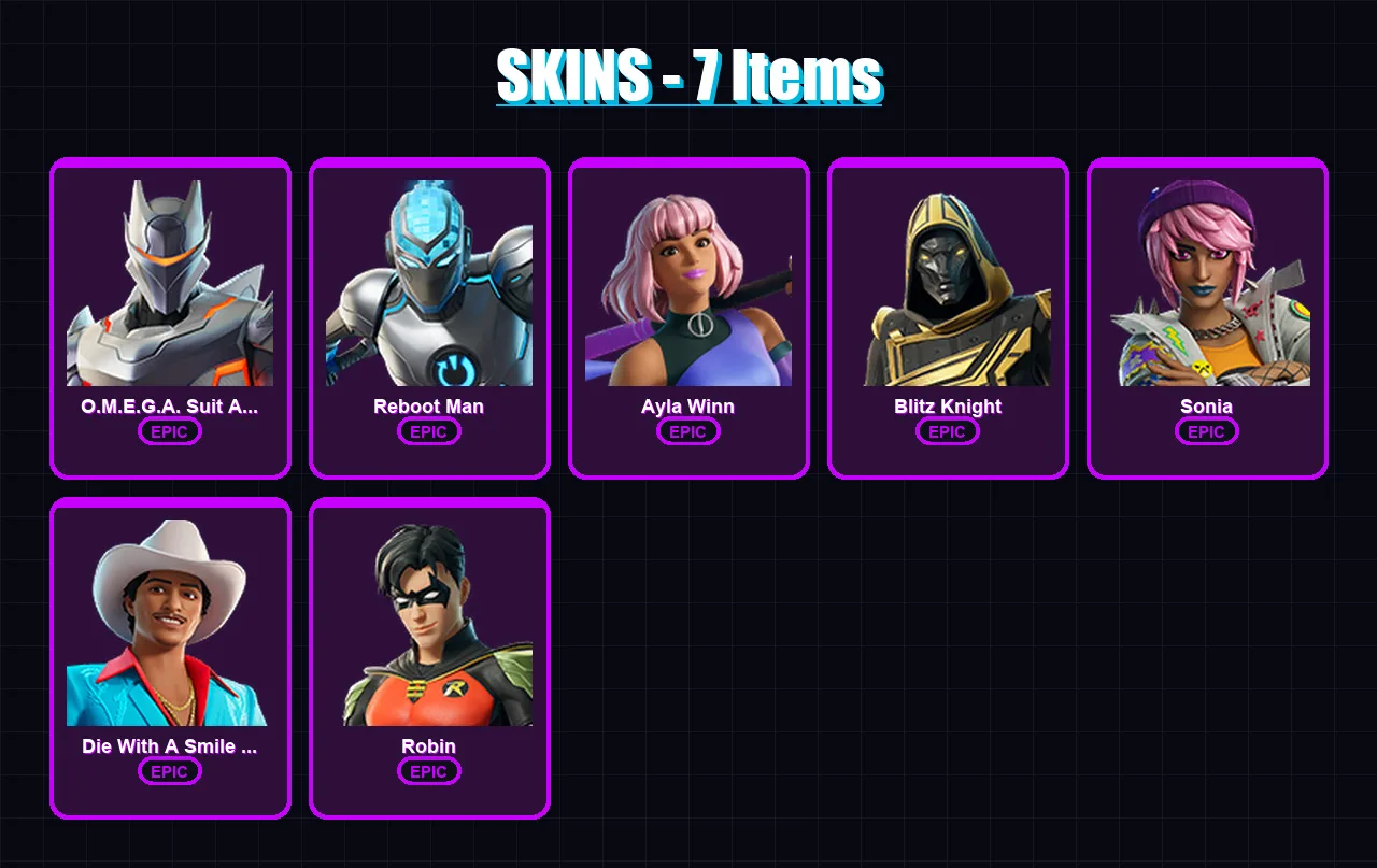 [PS4/PS5/XBOX/PC] | O.M.E.G.A. Suit Alpha | Reboot Man | Ayla Winn | Blitz Knight | Sonia | 7 skin | 15 pickaxe | 7 emote | 12 glider | Lv66