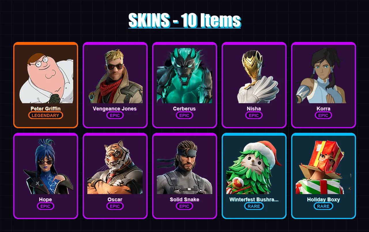 [SWITCH/XBOX/PC] | Peter Griffin | Vengeance Jones | Cerberus | Nisha | Korra | 10 skin | 28 pickaxe | 18 emote | 26 glider | Lv316