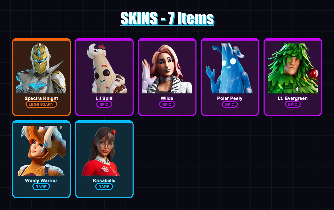 [PC/PSN] | Spectra Knight | Lil Split | Wilde | Polar Peely | Lt. Evergreen | 7 skin | 21 pickaxe | 19 emote | 21 glider | Lv300