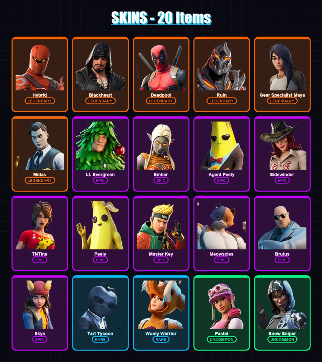 [PC/XBOX] | Hybrid | Blackheart | Deadpool | Ruin | Gear Specialist Maya | 20 skin | 25 pickaxe | 48 emote | 37 glider | Lv716