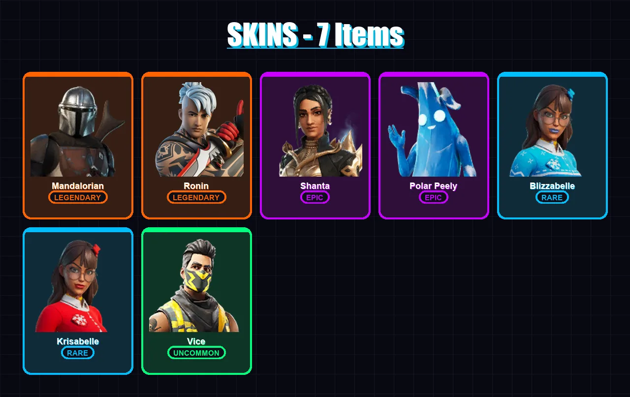 [PC/XBOX/PSN] | Mandalorian | Ronin | Shanta | Polar Peely | Blizzabelle | 7 skin | 6 pickaxe | 11 emote | 8 glider | Lv64
