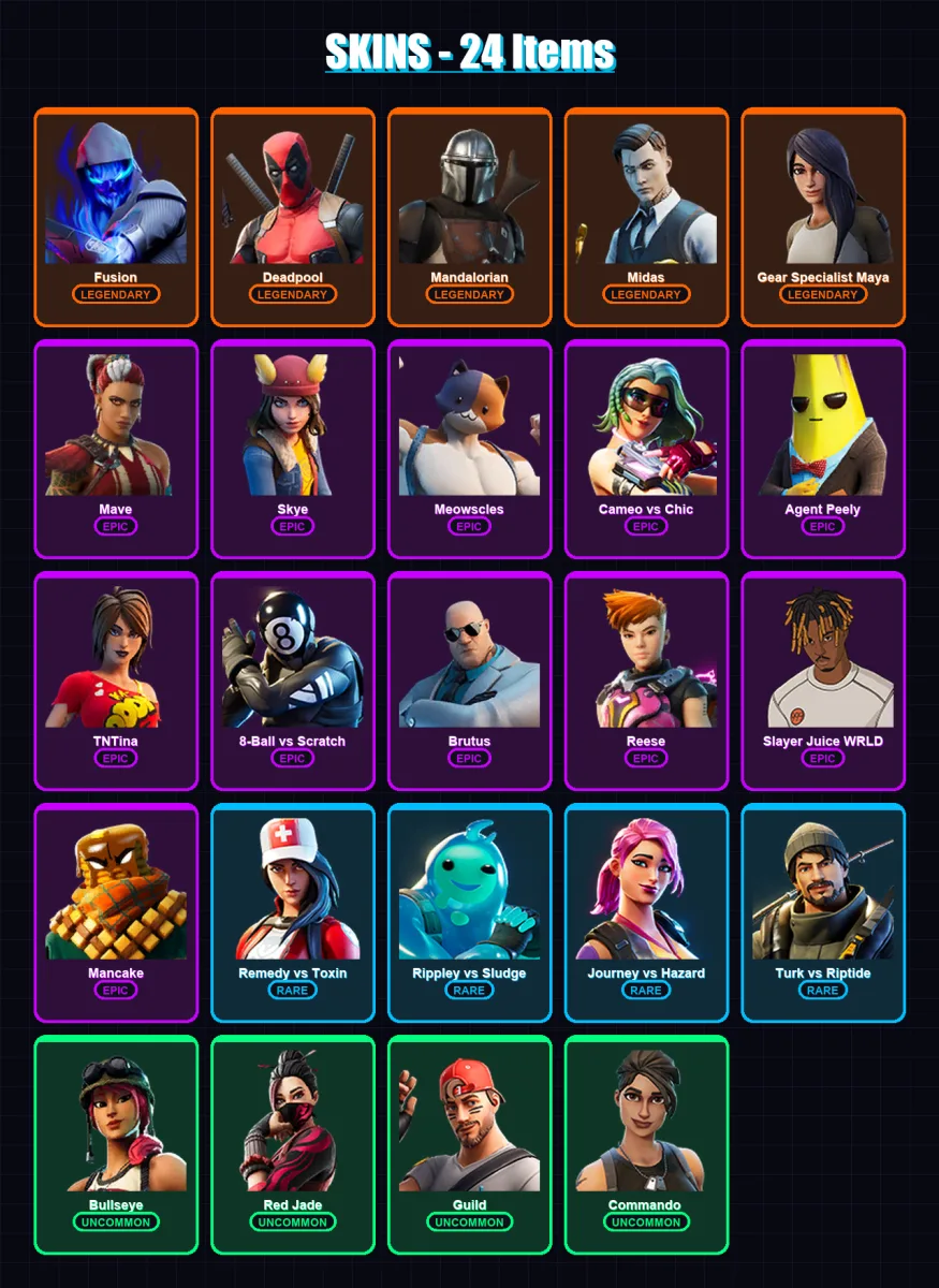 [PC/PSN] | Fusion | Deadpool | Mandalorian | Midas | Gear Specialist Maya | 24 skin | 28 pickaxe | 30 emote | 30 glider | Lv640