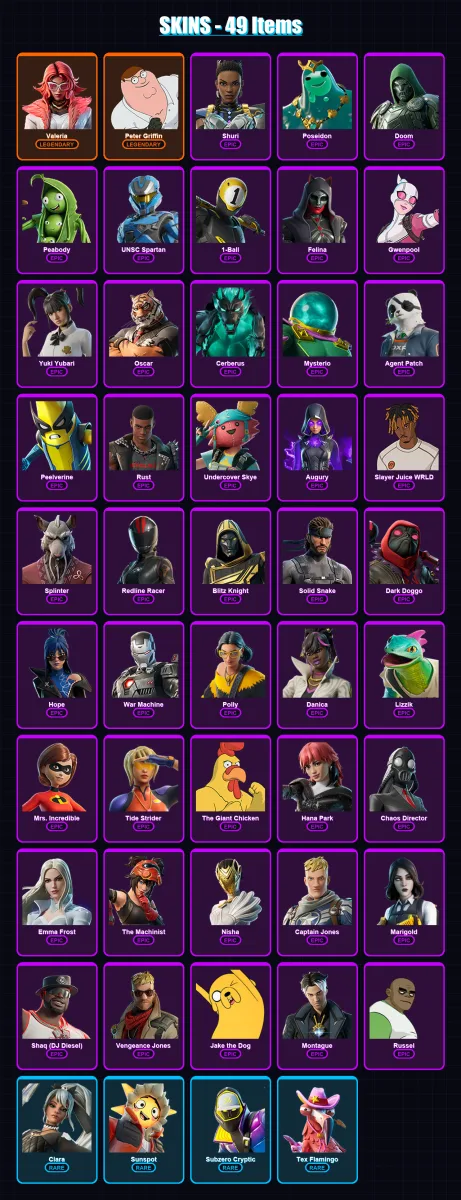 [PS4/PS5/XBOX/PC] | Valeria | Peter Griffin | Shuri | Poseidon | Doom | 49 skin | 77 pickaxe | 60 emote | 46 glider | Lv469