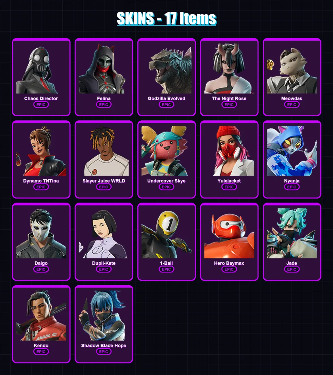 [PC/PSN] | Chaos Director | Felina | Godzilla Evolved | The Night Rose | Meowdas | 17 skin | 49 pickaxe | 25 emote | 31 glider | Lv441