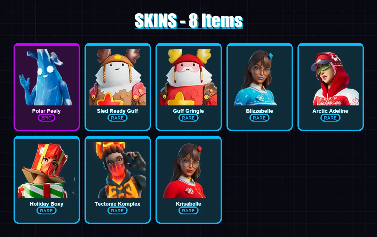[PC/XBOX/PSN] | Polar Peely | Sled Ready Guff | Guff Gringle | Blizzabelle | Arctic Adeline | 8 skin | 18 pickaxe | 15 emote | 15 glider | Lv295