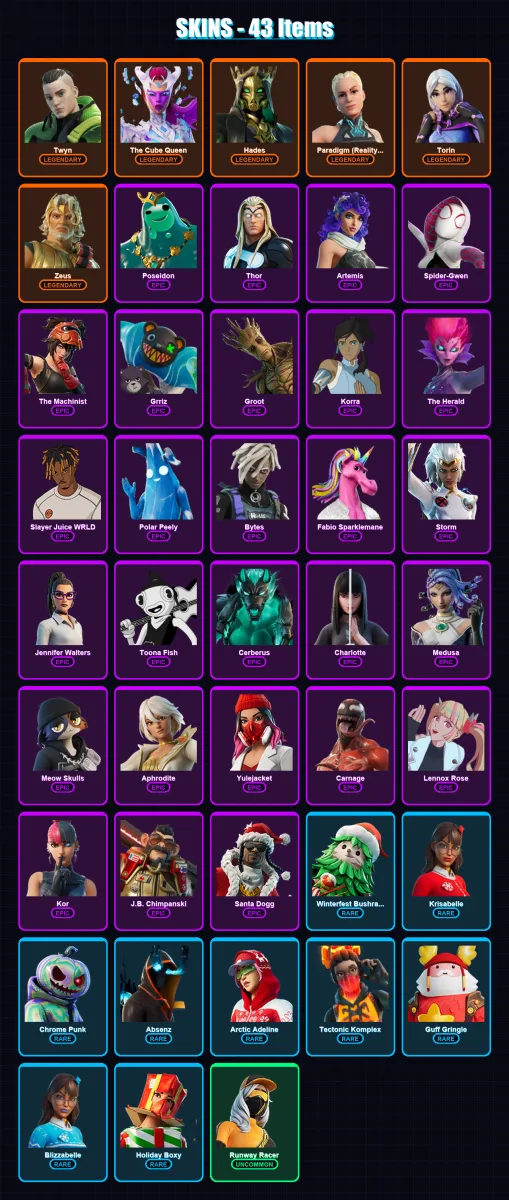 [PC/XBOX/PSN] | Twyn | The Cube Queen | Hades | Paradigm (Reality-659) | Torin | 43 skin | 73 pickaxe | 64 emote | 60 glider | Lv1365