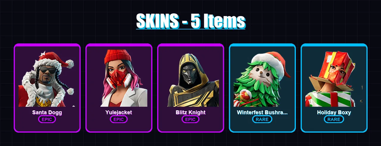 [PC/XBOX/PSN] | Santa Dogg | Yulejacket | Blitz Knight | Winterfest Bushranger | Holiday Boxy | 5 skin | 17 pickaxe | 5 emote | 8 glider | Lv108