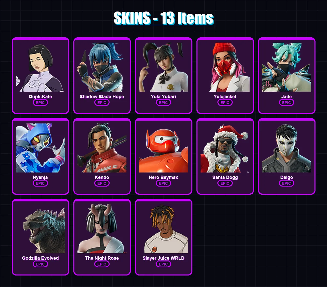[PC/PSN] | Dupli-Kate | Shadow Blade Hope | Yuki Yubari | Yulejacket | Jade | 13 skin | 34 pickaxe | 25 emote | 21 glider | Lv282