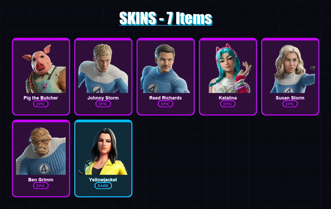 [PC/XBOX/PSN] | Pig the Butcher | Johnny Storm | Reed Richards | Katalina | Susan Storm | 7 skin | 27 pickaxe | 14 emote | 16 glider | Lv171