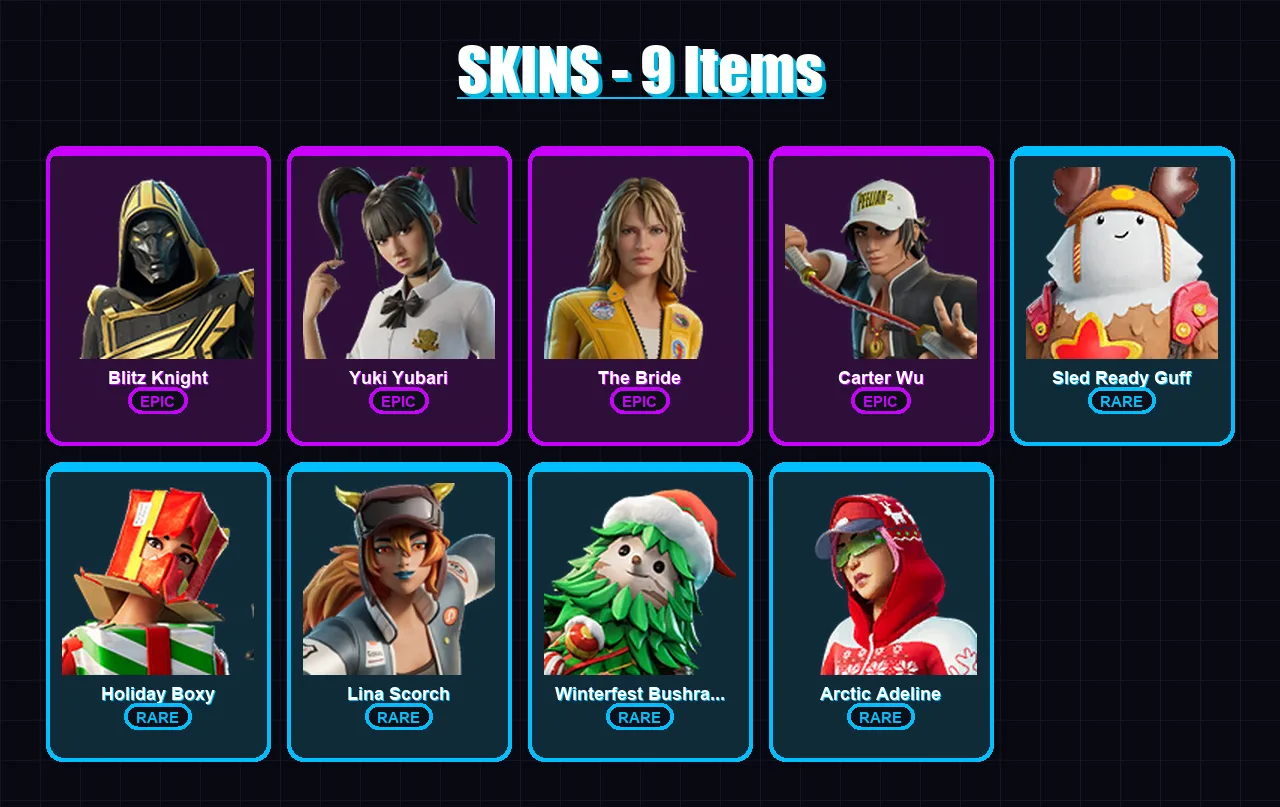 [PS4/PS5/XBOX/PC] | Blitz Knight | Yuki Yubari | The Bride | Carter Wu | Sled Ready Guff | 9 skin | 40 pickaxe | 18 emote | 31 glider | Lv410