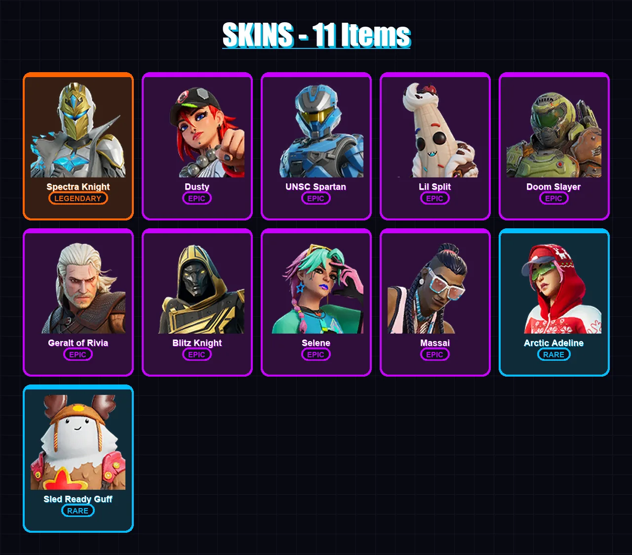 [PC/XBOX] | Spectra Knight | Dusty | UNSC Spartan | Lil Split | Doom Slayer | 11 skin | 56 pickaxe | 21 emote | 38 glider | Lv498