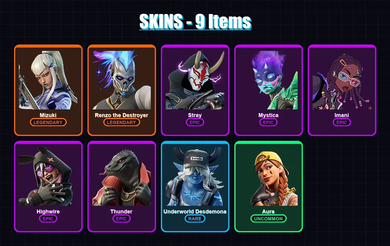 [PC/XBOX/PSN] | Mizuki | Renzo the Destroyer | Stray | Mystica | Imani | 9 skin | 12 pickaxe | 15 emote | 17 glider | Lv390