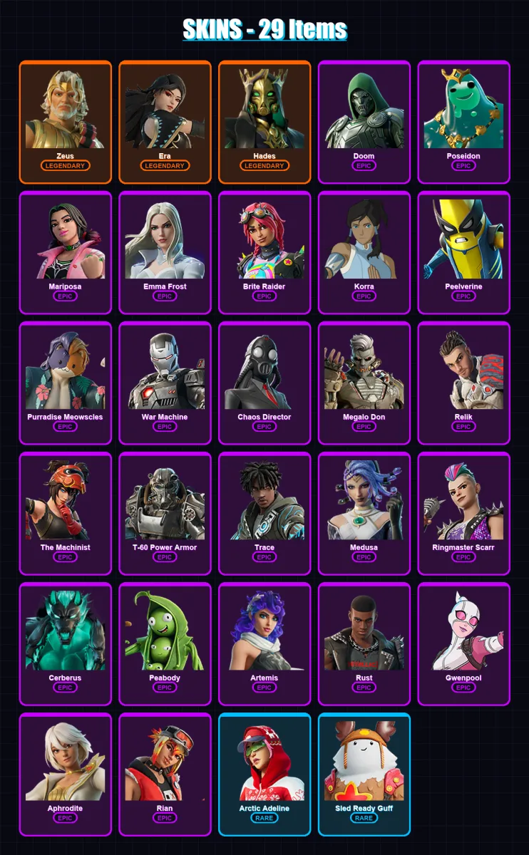 [PC/PSN] | Zeus | Era | Hades | Doom | Poseidon | 29 skin | 45 pickaxe | 35 emote | 46 glider | Lv457