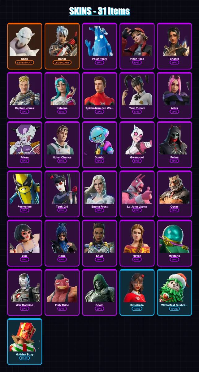 [PC/XBOX/PSN] | Snap | Ronin | Polar Peely | Piper Pace | Shanta | 31 skin | 51 pickaxe | 38 emote | 39 glider | Lv576 — Fortnite account