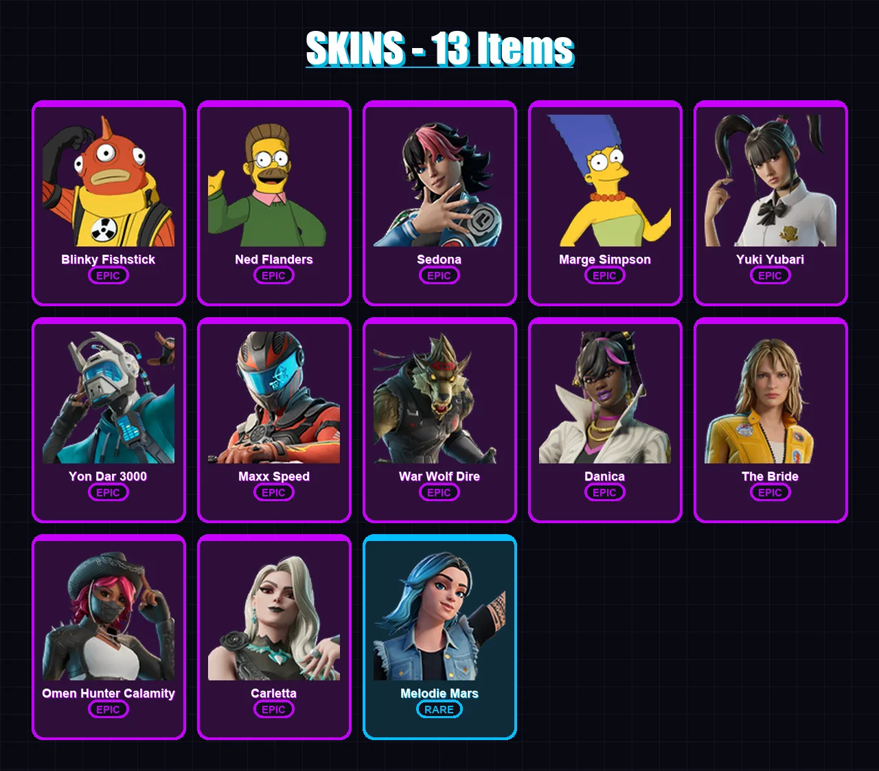 [PC/XBOX/PSN] | Blinky Fishstick | Ned Flanders | Sedona | Marge Simpson | Yuki Yubari | 13 skin | 15 pickaxe | 11 emote | 7 glider | Lv51
