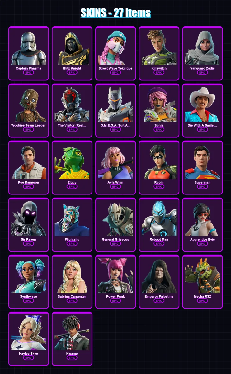 [PC/PSN] | Captain Phasma | Blitz Knight | Street Wave Teknique | Killswitch | Vanguard Zadie | 27 skin | 40 pickaxe | 32 emote | 23 glider | Lv157