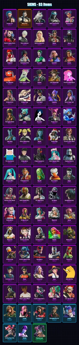 [PC/XBOX/PSN] | Arcane Jinx | Midas Rex | Fletcher Kane | Skull Commander | Sparkle Diva | 83 skin | 84 pickaxe | 63 emote | 35 glider | Lv350