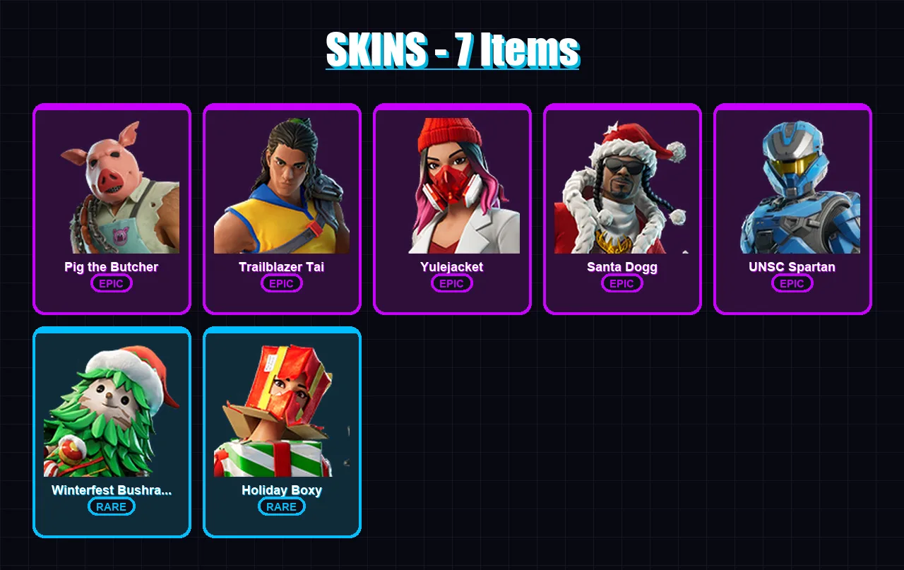 [PS4/PS5/XBOX/PC] | Pig the Butcher | Trailblazer Tai | Yulejacket | Santa Dogg | UNSC Spartan | 7 skin | 43 pickaxe | 21 emote | 30 glider | Lv545