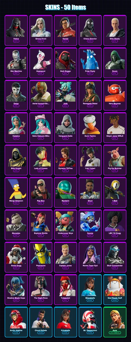 [PC/XBOX/PSN] | Felina | Emma Frost | Kendo | Chaos Director | Slim Shady | 50 skin | 103 pickaxe | 65 emote | 62 glider | Lv934