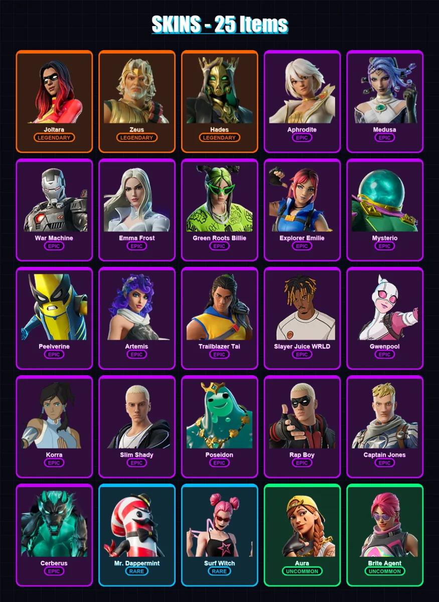 [PS4/PS5/PC] | Joltara | Zeus | Hades | Aphrodite | Medusa | 25 skin | 36 pickaxe | 26 emote | 28 glider | Lv525