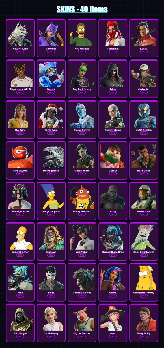 [PC/XBOX] | Fletcher Kane | Valentina | Ned Flanders | Yulejacket | Kendo | 40 skin | 94 pickaxe | 50 emote | 57 glider | Lv774