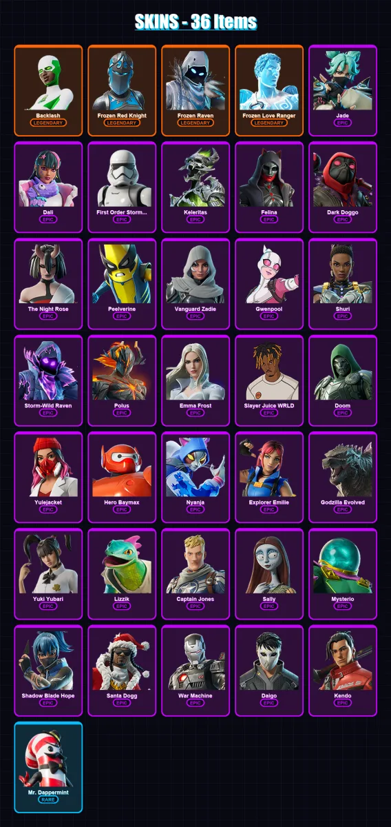 [PC/XBOX/PSN] | Backlash | Frozen Red Knight | Frozen Raven | Frozen Love Ranger | Jade | 36 skin | 58 pickaxe | 36 emote | 34 glider | Lv612