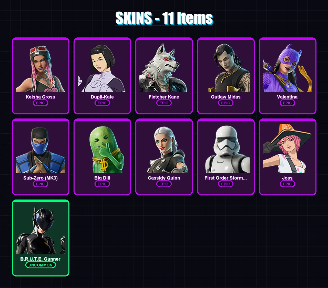[PC/XBOX/PSN] | Keisha Cross | Dupli-Kate | Fletcher Kane | Outlaw Midas | Valentina | 11 skin | 31 pickaxe | 18 emote | 23 glider | Lv205