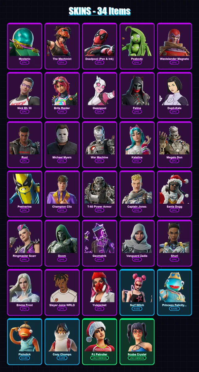 [PC/XBOX/PSN] | Mysterio | The Machinist | Deadpool (Pen & Ink) | Peabody | Wastelander Magneto | 34 skin | 75 pickaxe | 80 emote | 48 glider | Lv16