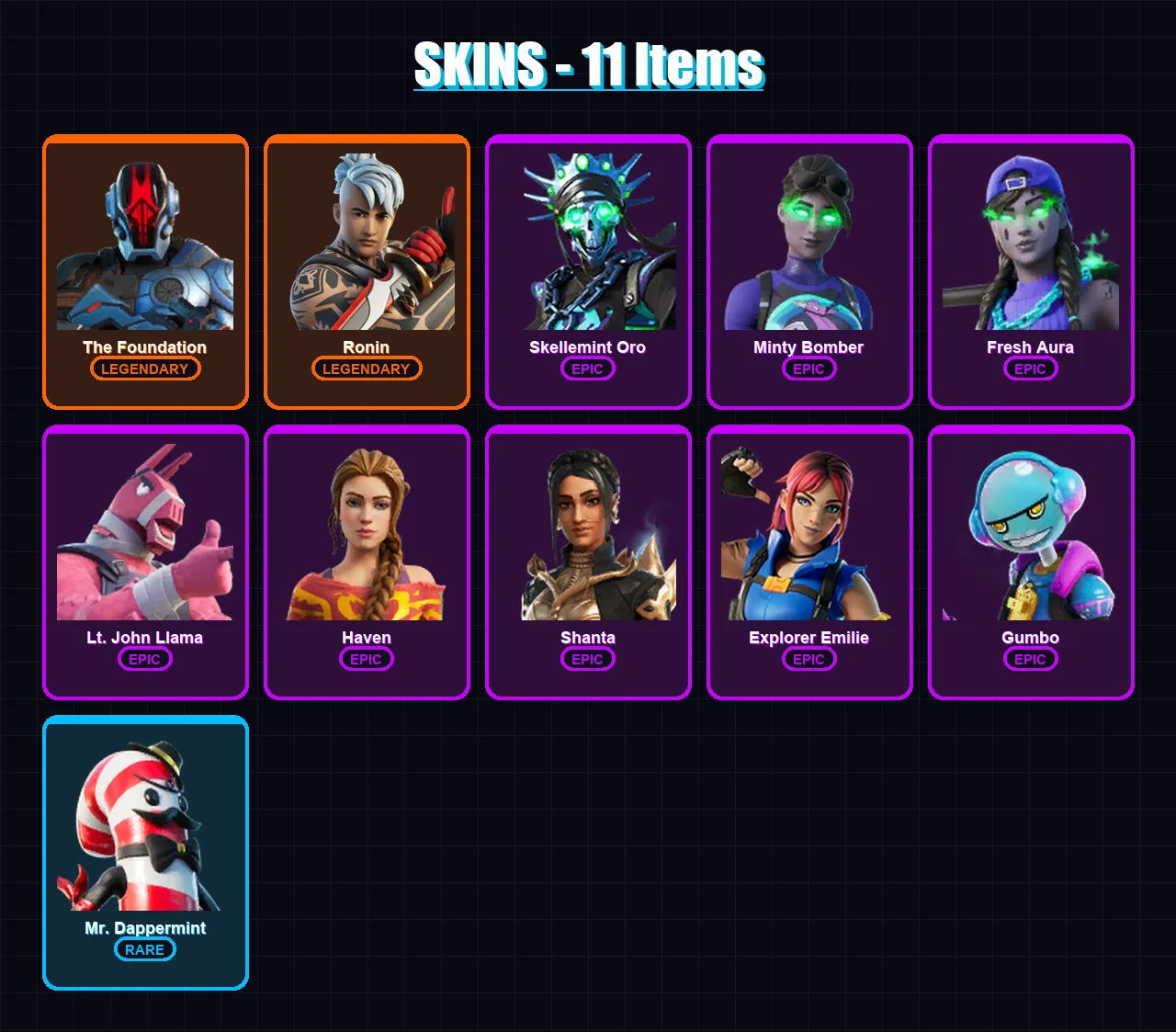 [PC/PSN] | The Foundation | Ronin | Skellemint Oro | Minty Bomber | Fresh Aura | 11 skin | 10 pickaxe | 8 emote | 7 glider | Lv88