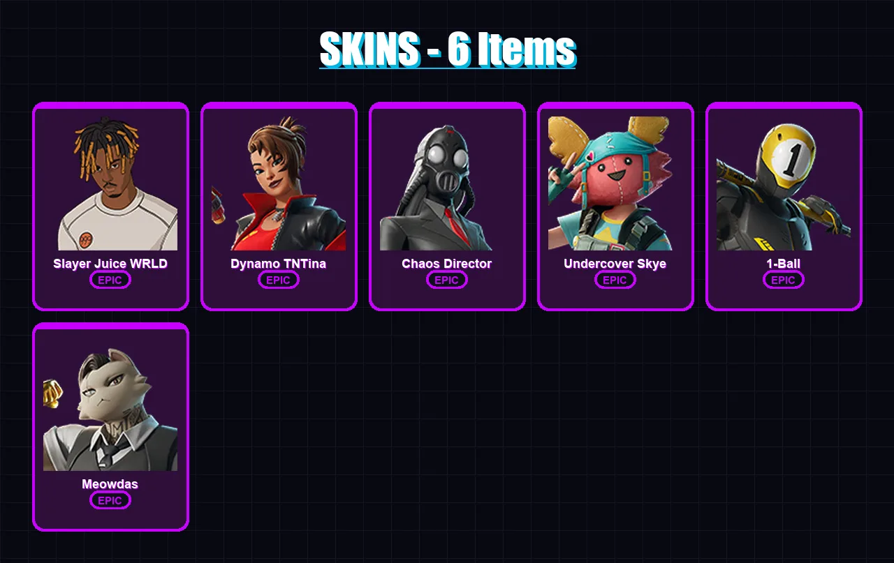 [PC/XBOX/PSN] | Slayer Juice WRLD | Dynamo TNTina | Chaos Director | Undercover Skye | 1-Ball | 6 skin | 13 pickaxe | 8 emote | 7 glider | Lv70
