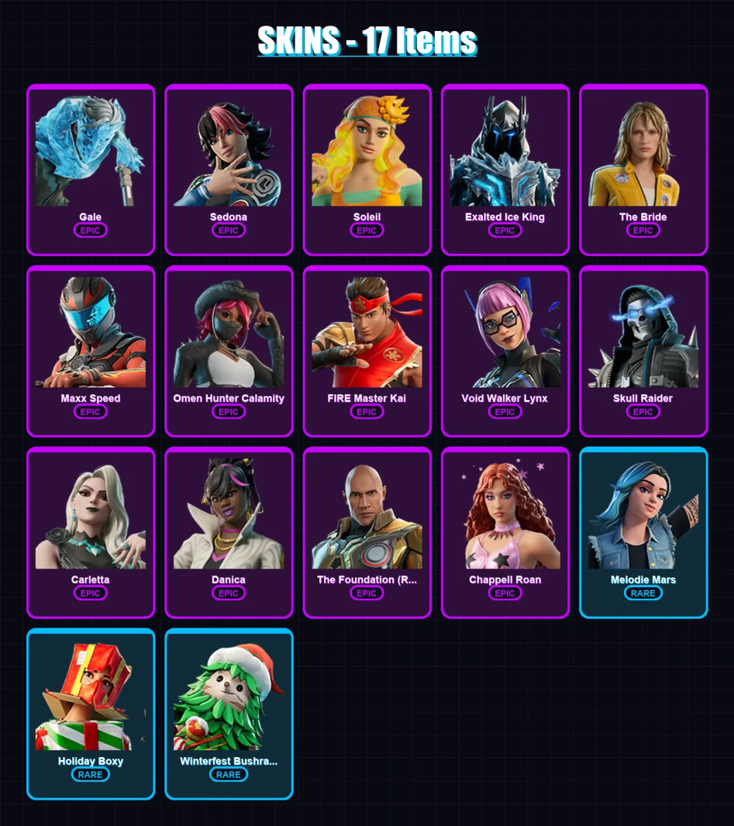 [PC/PSN] | Gale | Sedona | Soleil | Exalted Ice King | The Bride | 17 skin | 14 pickaxe | 4 emote | 11 glider | Lv160