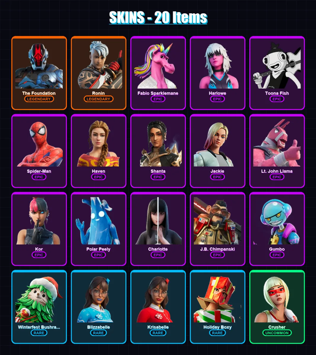 [PC/XBOX/PSN] | The Foundation | Ronin | Fabio Sparklemane | Harlowe | Toona Fish | 20 skin | 25 pickaxe | 16 emote | 23 glider | Lv349