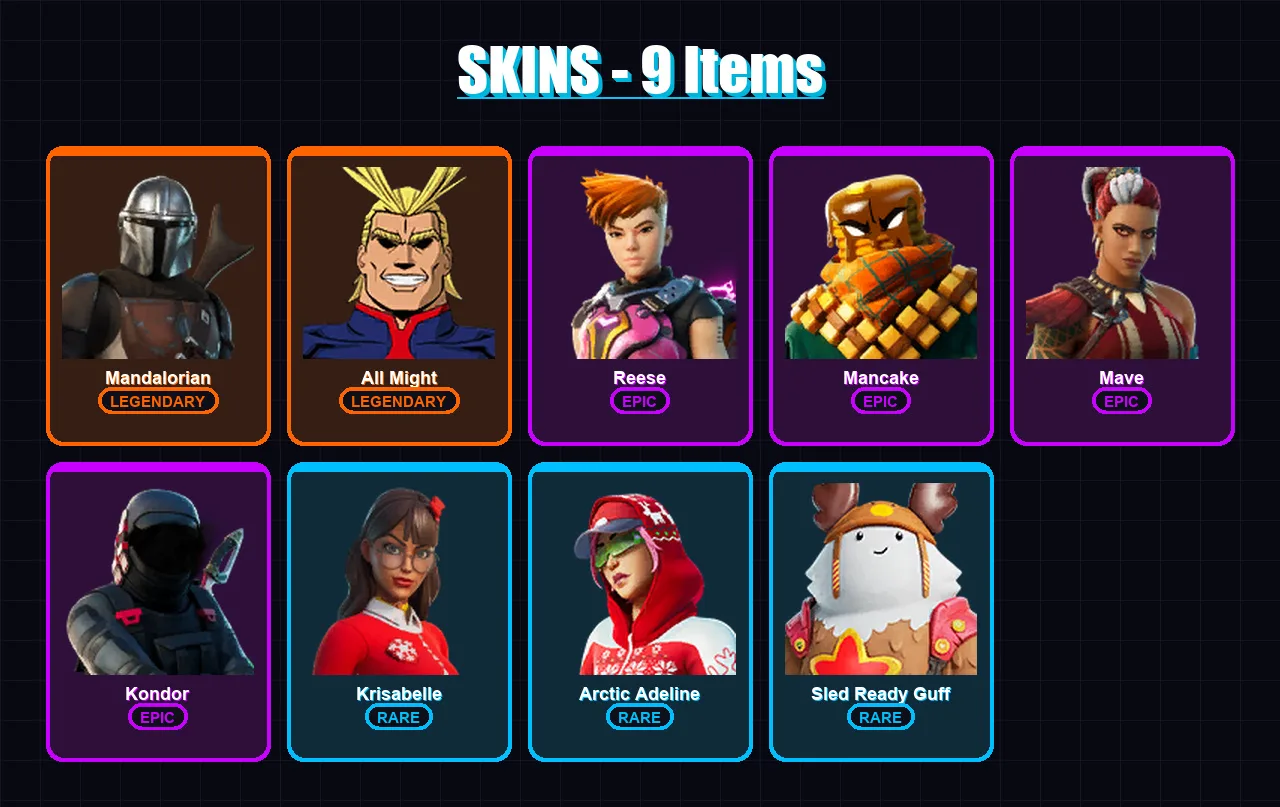[SWITCH/PC] | Mandalorian | All Might | Reese | Mancake | Mave | 9 skin | 27 pickaxe | 23 emote | 22 glider | Lv291