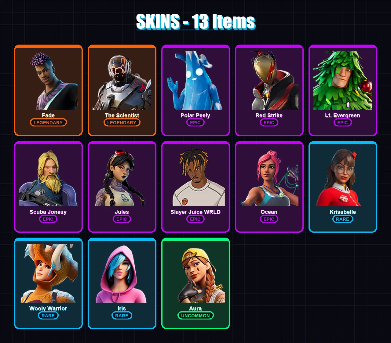 [PC/PSN] | Fade | The Scientist | Polar Peely | Red Strike | Lt. Evergreen | 13 skin | 28 pickaxe | 33 emote | 30 glider | Lv649