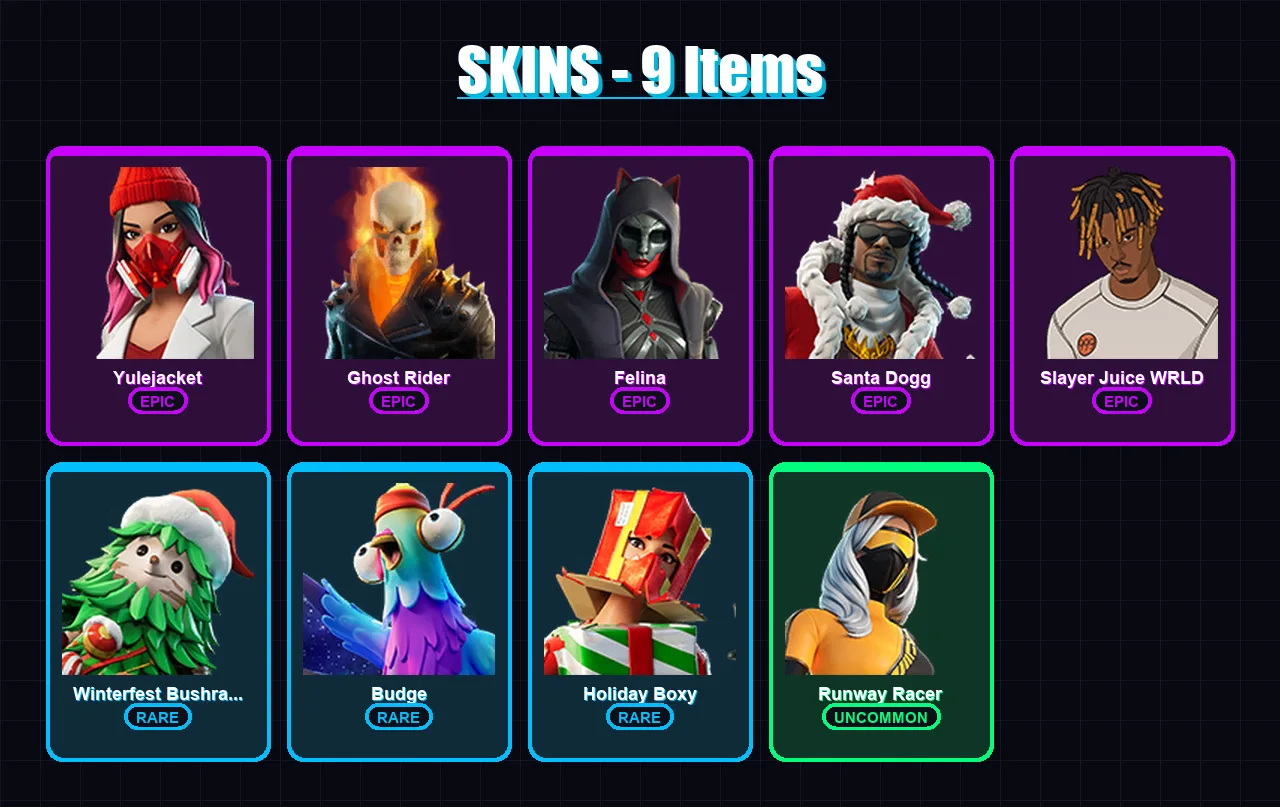 [PC/XBOX/PSN] | Yulejacket | Ghost Rider | Felina | Santa Dogg | Slayer Juice WRLD | 9 skin | 45 pickaxe | 21 emote | 32 glider | Lv570
