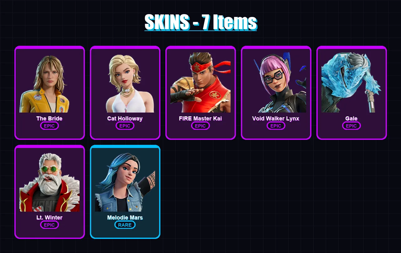 [PC/XBOX/PSN] | The Bride | Cat Holloway | FIRE Master Kai | Void Walker Lynx | Gale | 7 skin | 9 pickaxe | 6 emote | 8 glider | Lv25