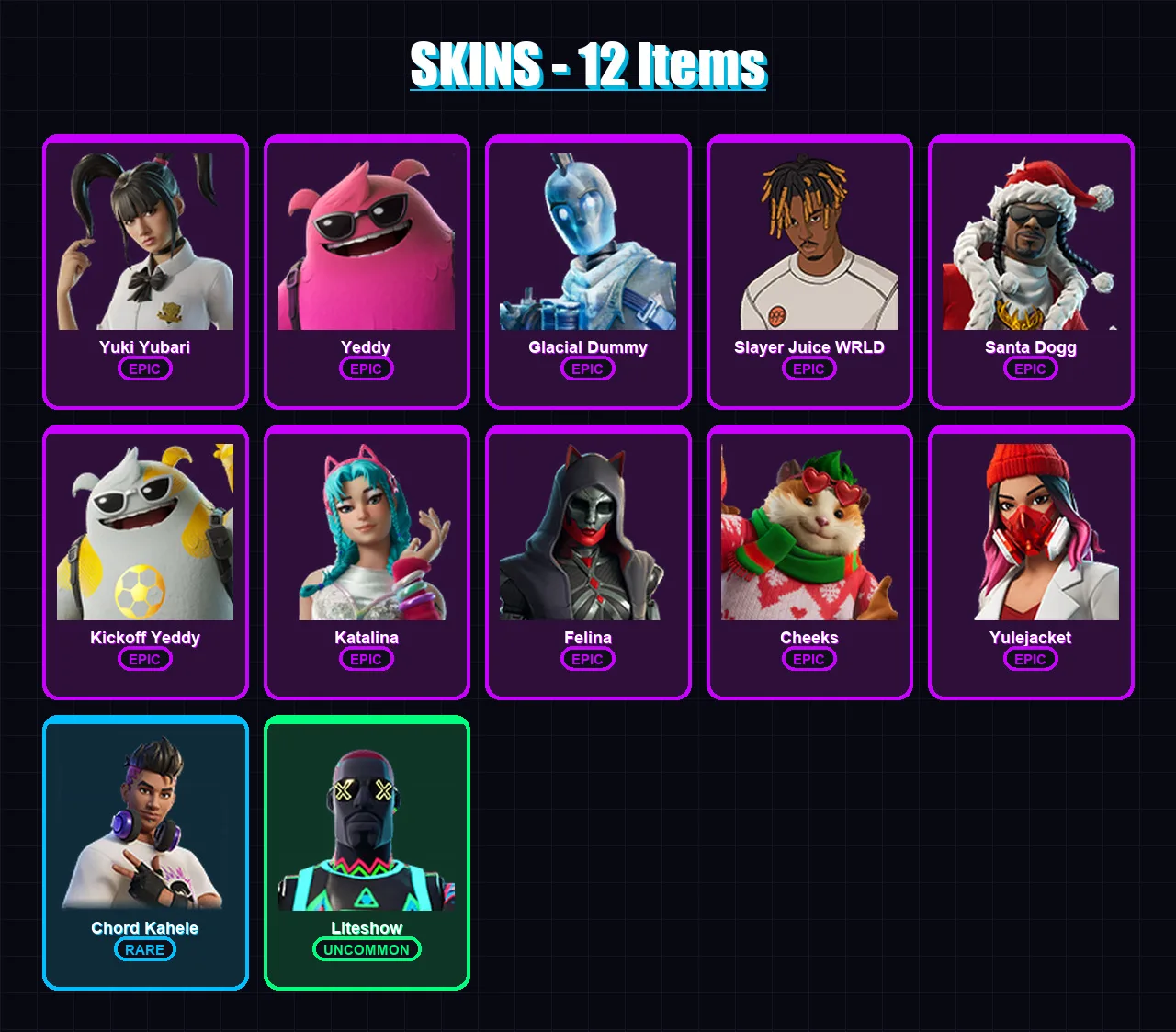 [PC/XBOX/PSN] | Yuki Yubari | Yeddy | Glacial Dummy | Slayer Juice WRLD | Santa Dogg | 12 skin | 45 pickaxe | 15 emote | 25 glider | Lv397