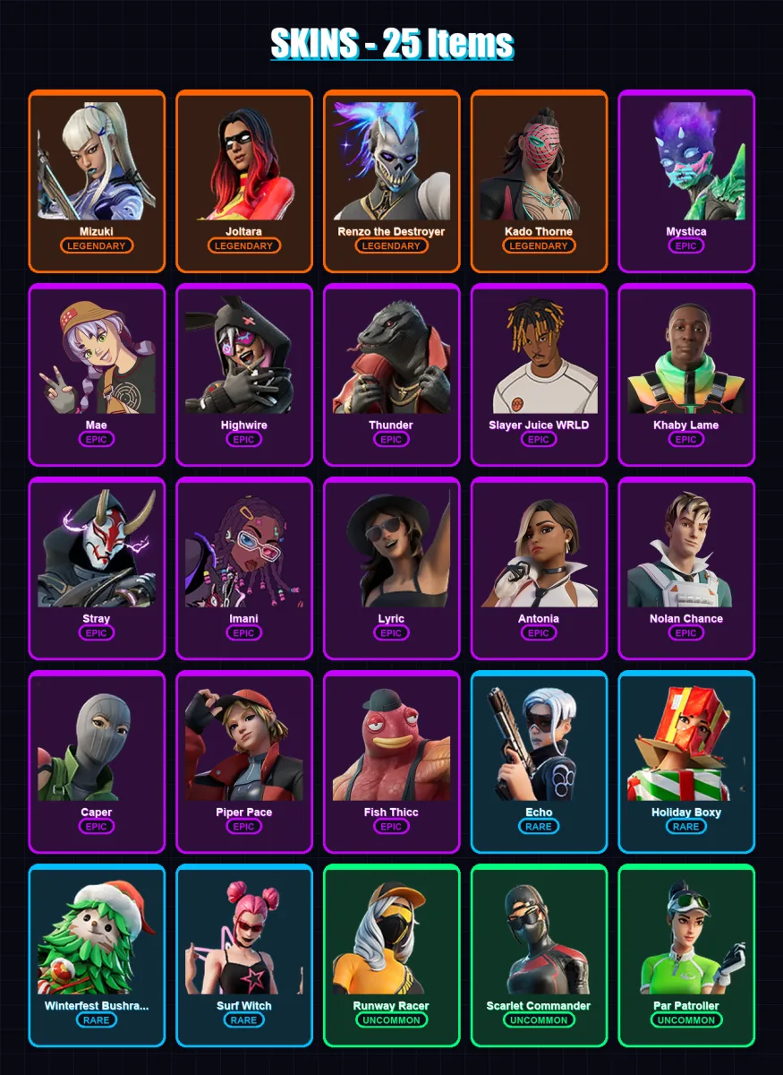 [PC/XBOX/PSN] | Mizuki | Joltara | Renzo the Destroyer | Kado Thorne | Mystica | 25 skin | 34 pickaxe | 24 emote | 42 glider | Lv616 — Fortnite account