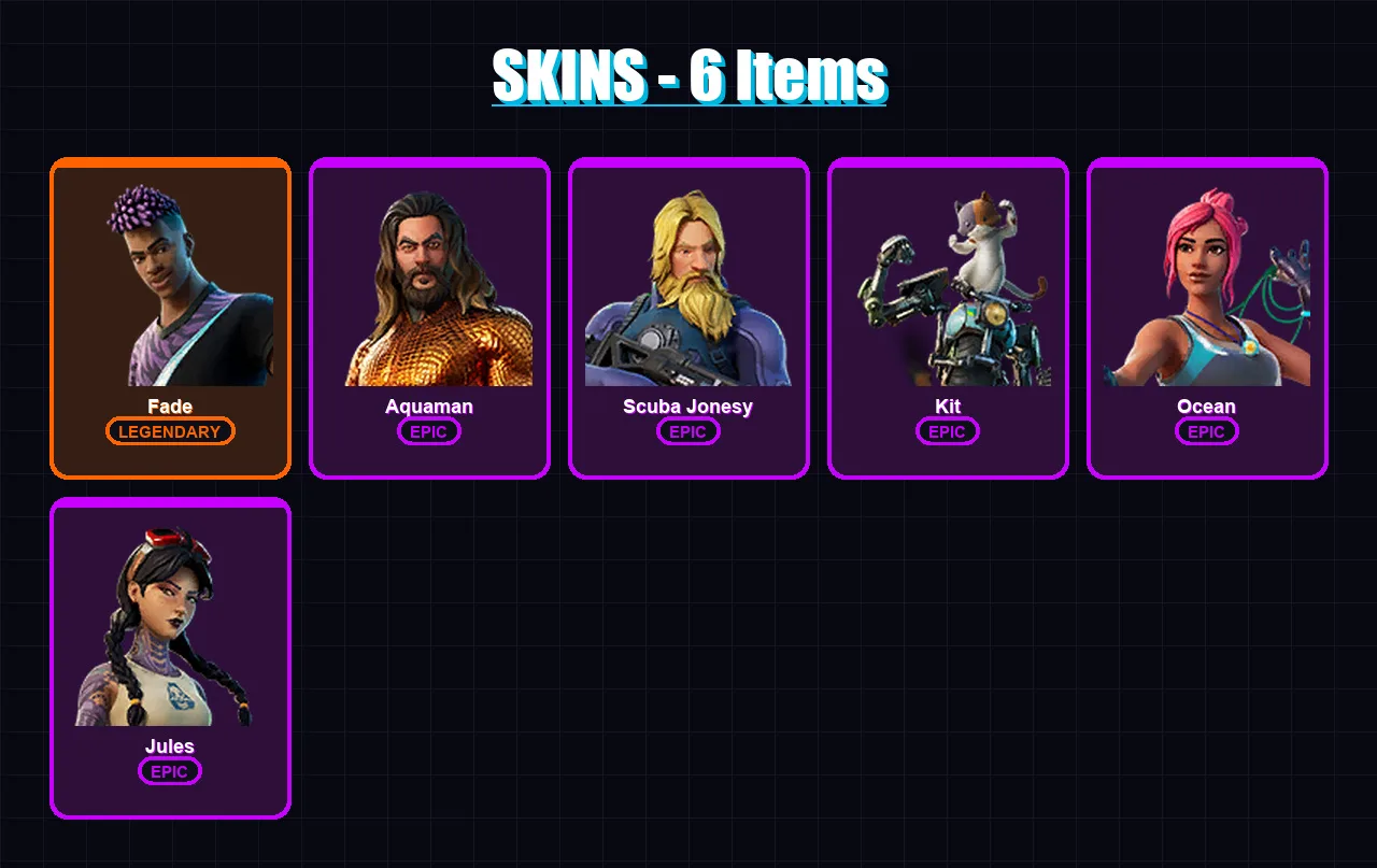 [PC/XBOX/PSN] | Fade | Aquaman | Scuba Jonesy | Kit | Ocean | 6 skin | 10 pickaxe | 15 emote | 15 glider | Lv243