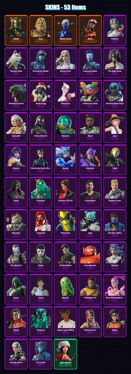 [PS4/PS5/XBOX/PC] | Hades | Zeus | Galaxy Scout | Blaze | Katalina | 53 skin | 88 pickaxe | 57 emote | 61 glider | Lv856