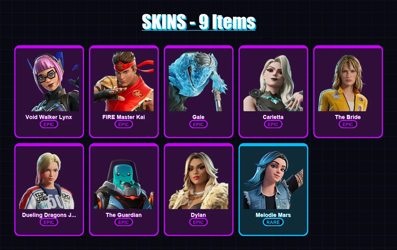 [PC/XBOX/PSN] | Void Walker Lynx | FIRE Master Kai | Gale | Carletta | The Bride | 9 skin | 8 pickaxe | 6 emote | 7 glider | Lv22