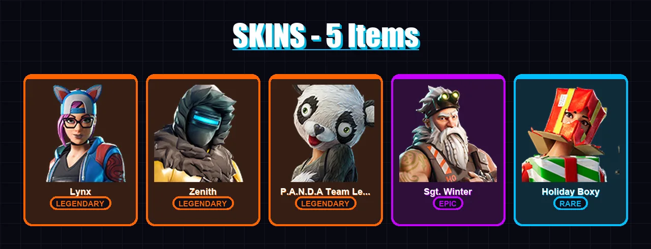 [PC/XBOX/PSN] | Lynx | Zenith | P.A.N.D.A Team Leader | Sgt. Winter | Holiday Boxy | 5 skin | 6 pickaxe | 8 emote | 8 glider | Lv80